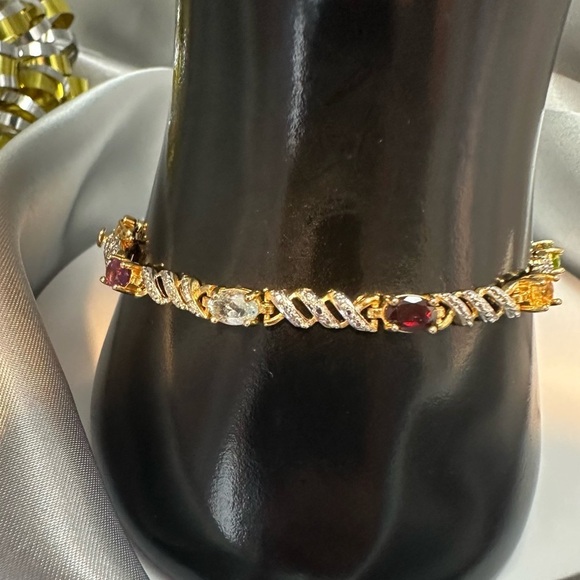 925 Sterling Silver Two-Tone Multi-Gemstone Hinged Bangle Bracelet - Picture 3 of 17